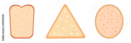 Three cracker shapes in toast, triangle, and round form.