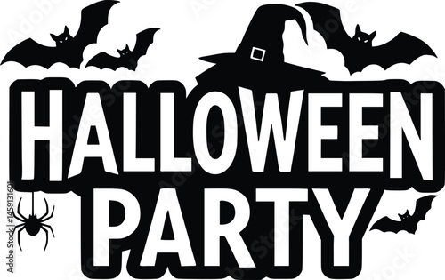 Halloween party typography with bats, a witch's hat, and a dangling spider