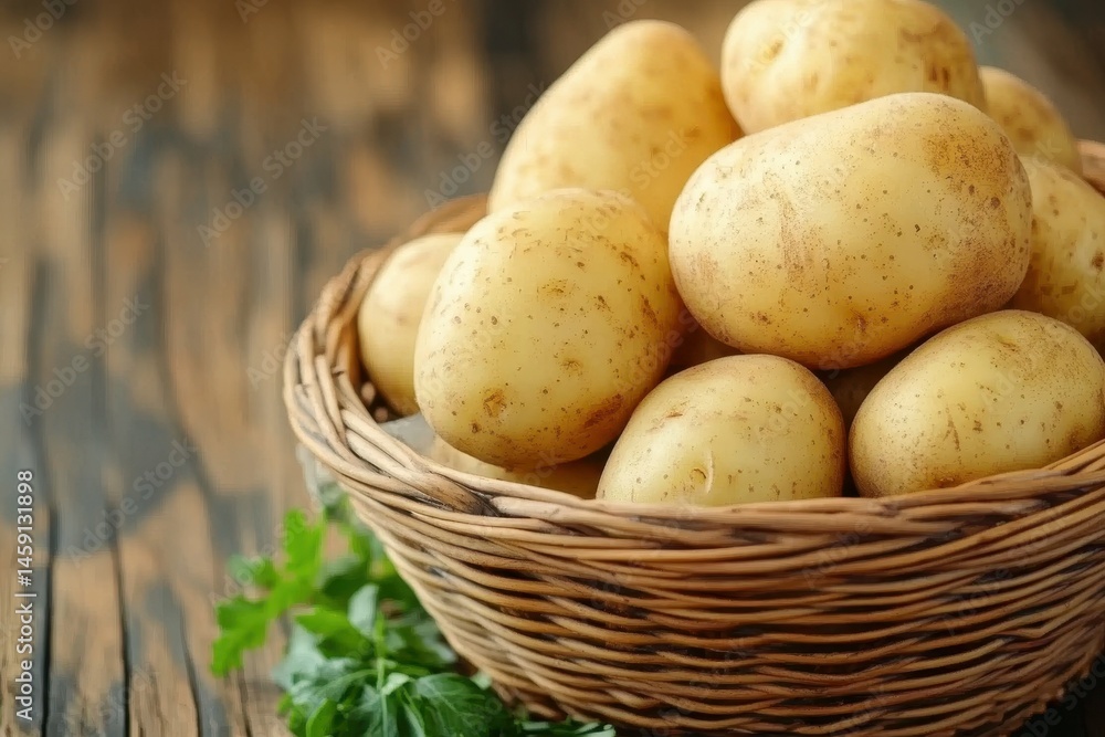 pixel perfect image of close up view of basket full of potatoes on wooden background pixel perfect image of close up view of basket full of potatoes on wooden background