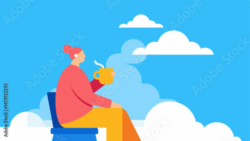 Sunny Day Rooftop A bright illustration features a flat rooftop with a soft blue sky and fluffy white clouds. In the center a person with a relaxed posture sits on a colorful chair