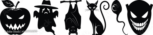 Halloween silhouettes featuring eerie icons such as a sinister apple, ghost with a hat, upside down bat, sitting cat, skull balloon, and devilish grin