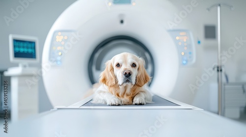 A dog is laying on a table in front of a medical imaging machine