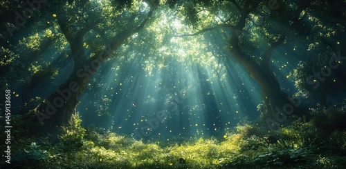Sunbeams in enchanted forest, fireflies, nature background, fantasy