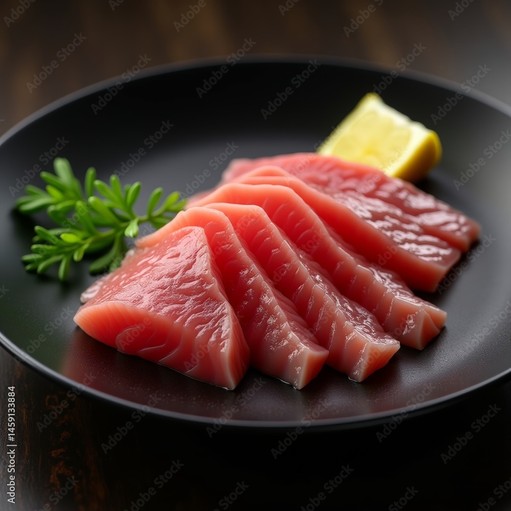 Thinly sliced salmon on a black plate with lemon wedge and sprig of rosemary Thinly sliced salmon on a black plate with lemon wedge and sprig of rosemary
