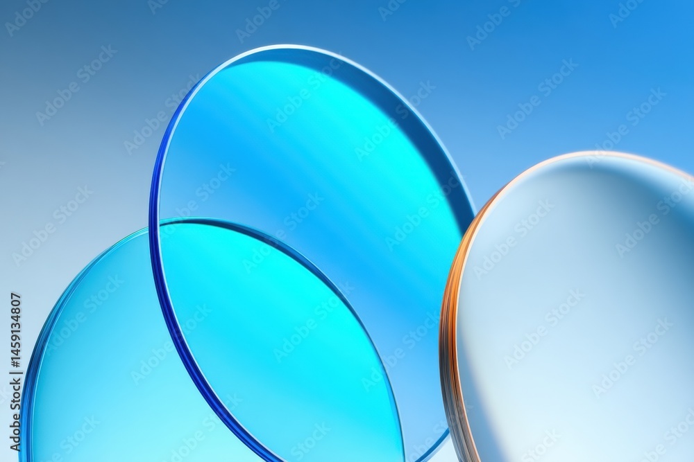 Three overlapping blue-tinted glass discs against a gradient blue background create an abstract, modern composition.