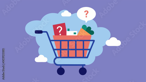 Shopping Cart with Thought Bubble A shopping cart filled with various items shown alongside a large thought bubble containing the question Do I really need this to encourage