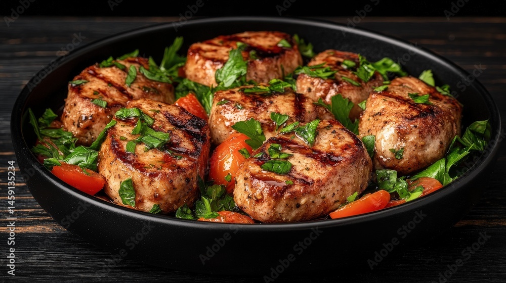 Grilled meat medallions garnished with fresh herbs and cherry tomatoes served in a black dish. Grilled meat medallions garnished with fresh herbs and cherry tomatoes served in a black dish.
