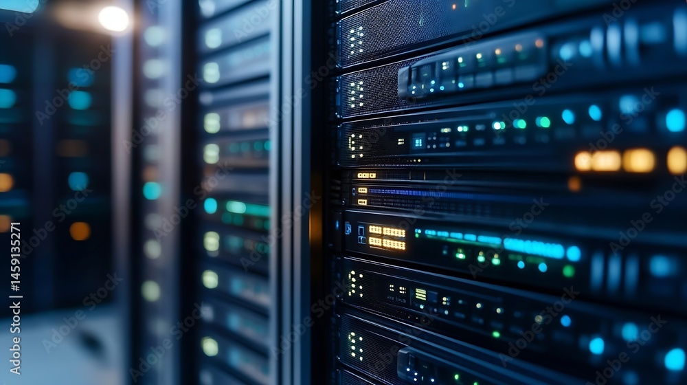 Close-up view of a server rack in a data center, showcasing illuminated network hardware and technology infrastructure. : Generative AI Close-up view of a server rack in a data center, showcasing illuminated network hardware and technology infrastructure. : Generative AI