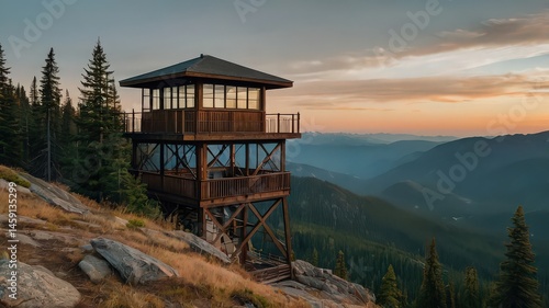 Wooden fire lookout tower perched atop a rocky hill overlooking a mountain range at sunset or sunrise