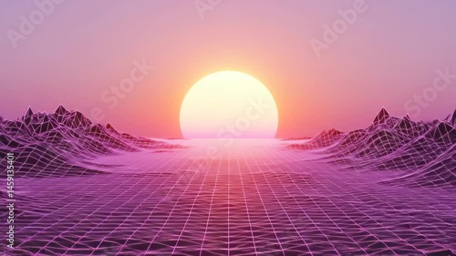 Retro Synthwave Sunset Landscape with Geometric Grid and Pink Purple Sky