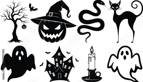 Eerie halloween silhouettes featuring haunted house, spooky ghosts, black cat, twisted tree, and eerie candlelight