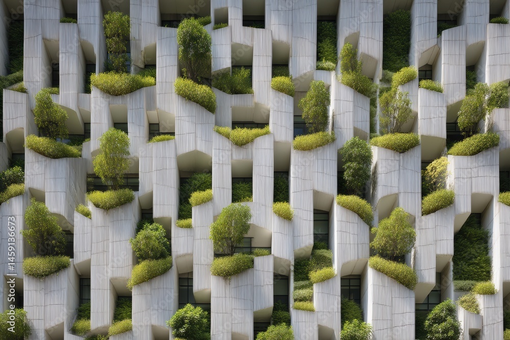 Modern building facade with vertical gardens, featuring geometric patterns and abundant green plants integrated into the structure.