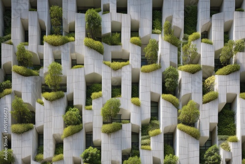 Obraz na płótnie Modern building facade with vertical gardens, featuring geometric patterns and abundant green plants integrated into the structure. w salonie