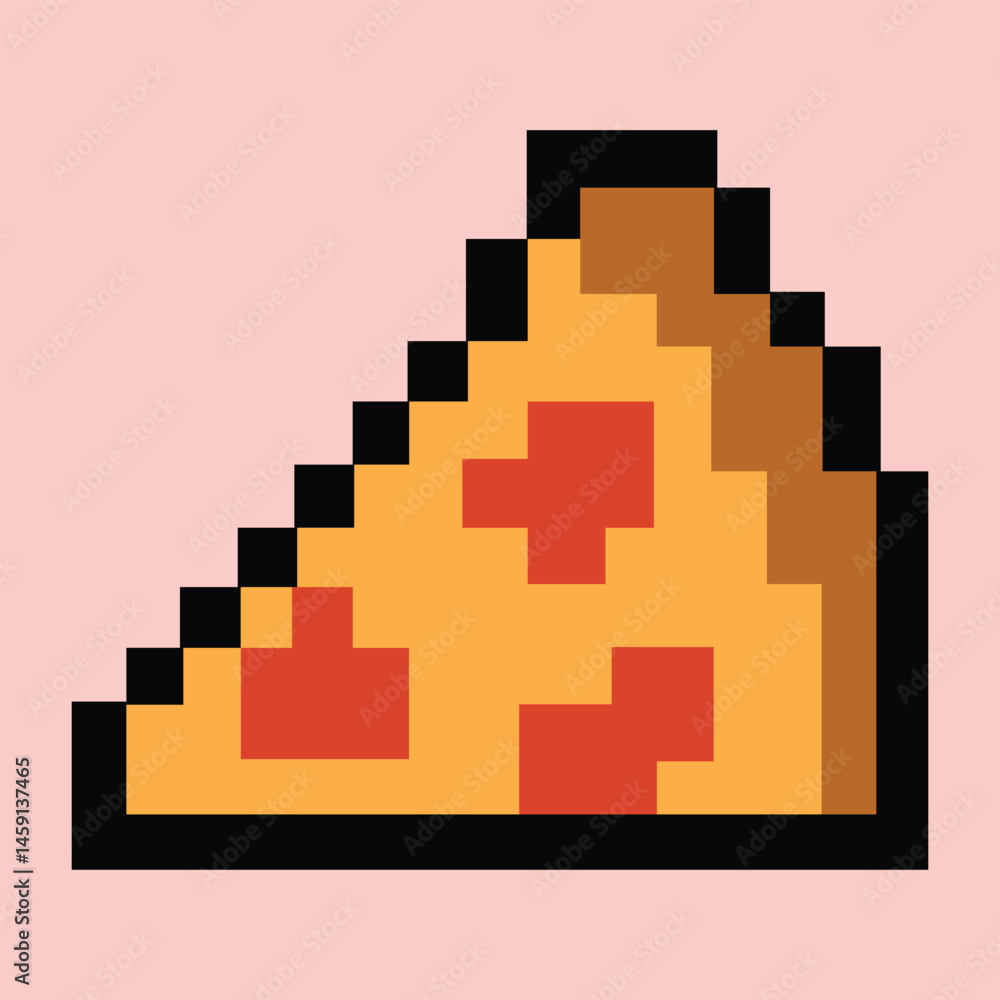Pixel pizza slice icon on soft tomato red background Pixel pizza slice icon on soft tomato red background