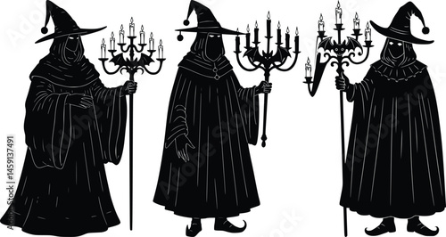 Enigmatic wizard silhouettes holding glowing candelabra, draped in long, flowing robes and pointed hats