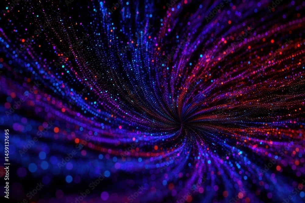 A swirling tunnel of glowing, colorful light dots creates a mesmerizing, abstract digital vortex against a dark background.