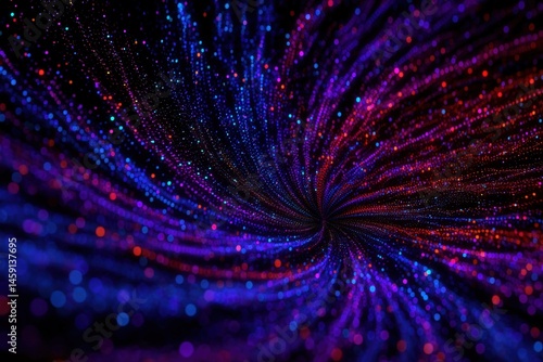 Obraz na płótnie A swirling tunnel of glowing, colorful light dots creates a mesmerizing, abstract digital vortex against a dark background. w salonie