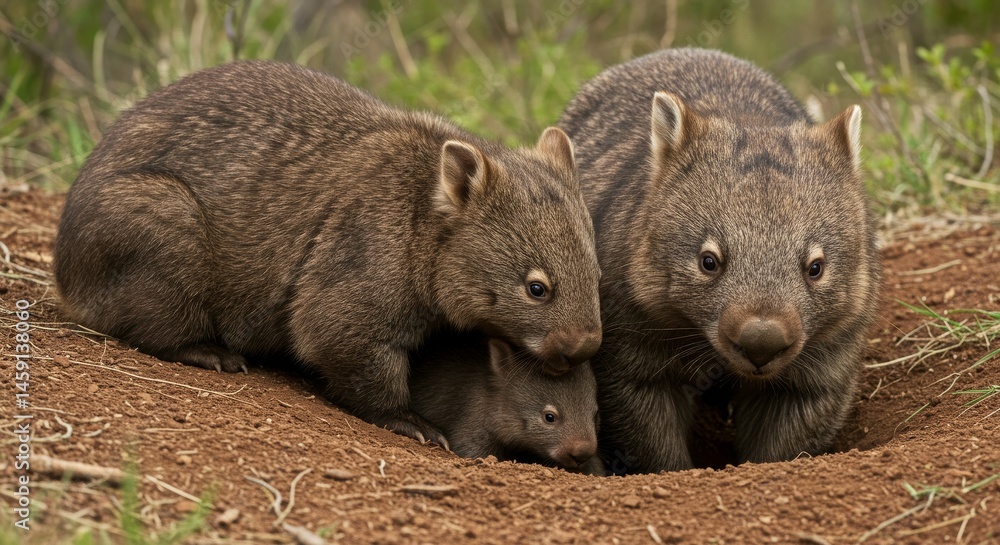 Close-up view of a family of wombats near a burrow. Close-up view of a family of wombats near a burrow.