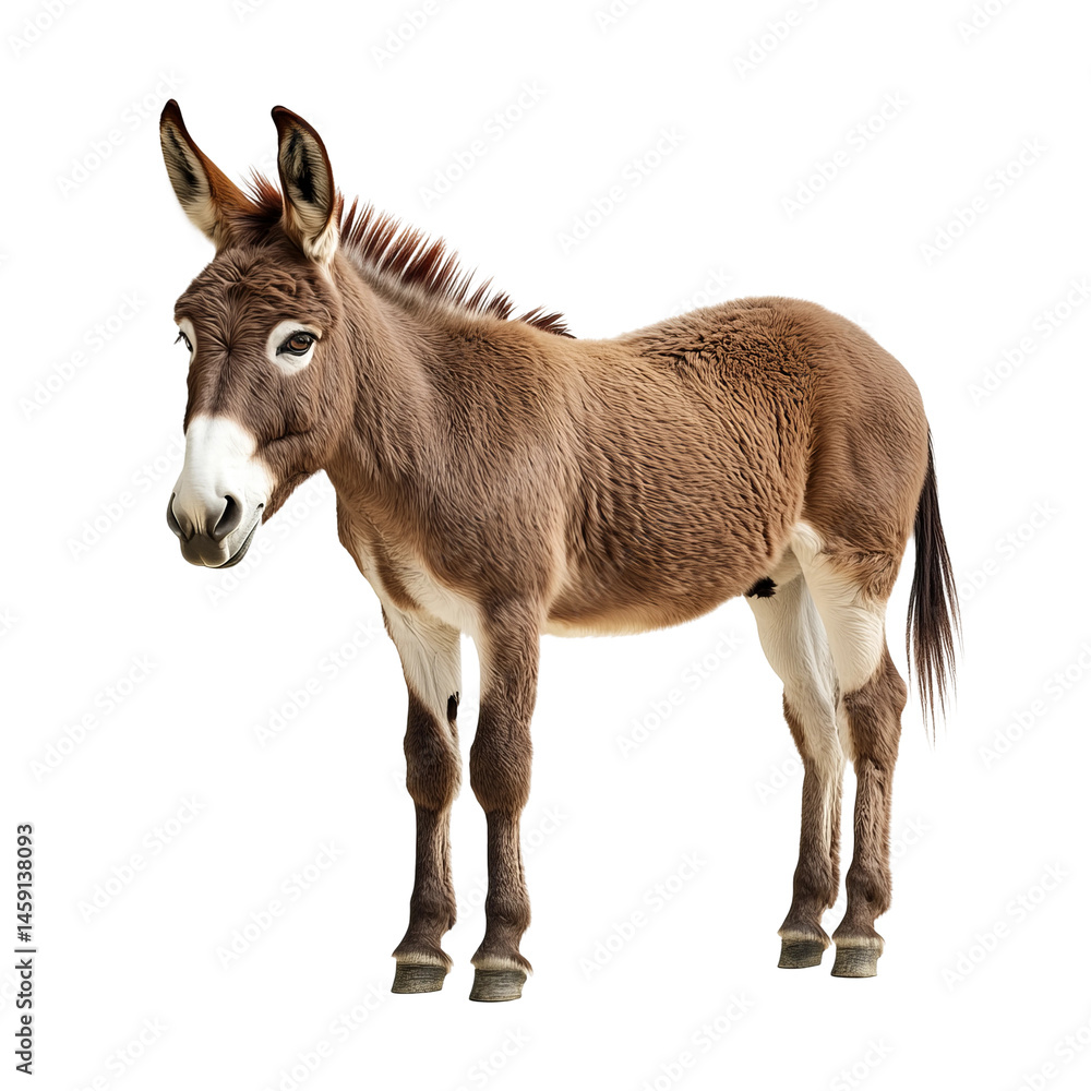 A solitary donkey standing with a calm look in an isolated view A solitary donkey standing with a calm look in an isolated view