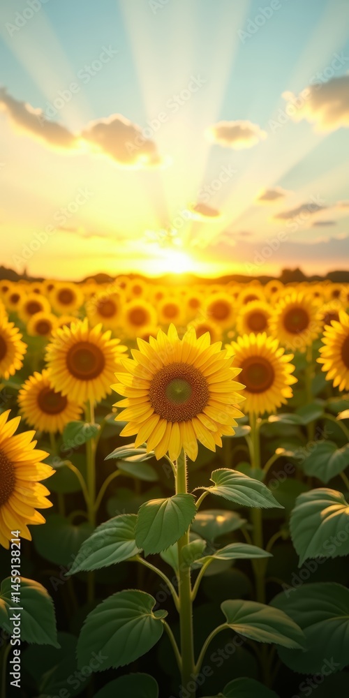 Fototapeta premium Sunflower field at sunrise with bright yellow flowers in bloom