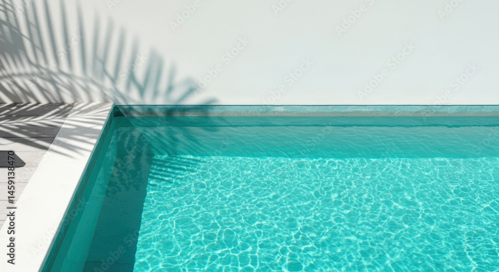 Obraz premium Elegant contrast of white side of pool and turquoise water with shadow of palm sheet. Minimalist composition creates feeling of luxurious resort recreation.