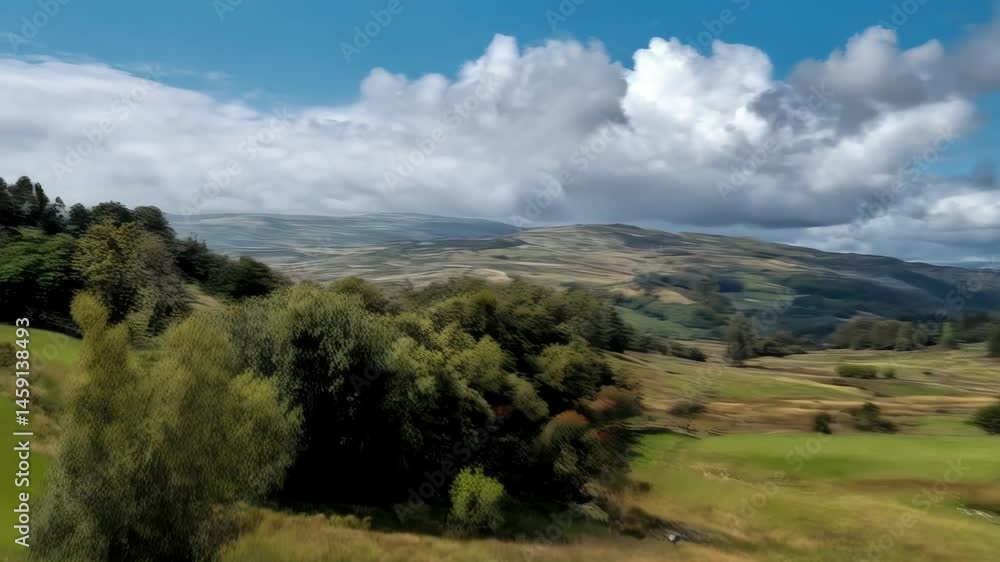 Scenic rolling hills landscape with grassy meadows and scattered woodlands under a cloudy sky, creating a peaceful rural scene Scenic rolling hills landscape with grassy meadows and scattered woodlands under a cloudy sky, creating a peaceful rural scene