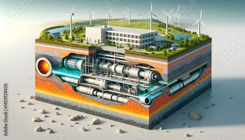 A detailed 3D infographic-style image perfect for explaining geothermal energy in educational or scientific use. Generative AI