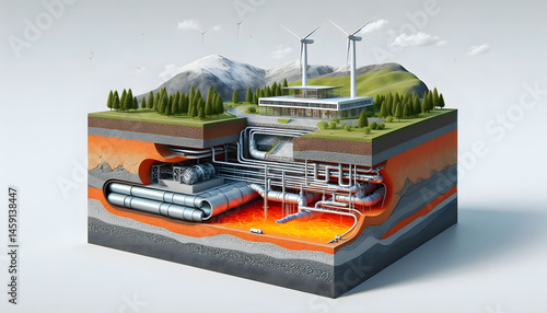 A detailed 3D infographic-style image perfect for explaining geothermal energy in educational or scientific use. Generative AI