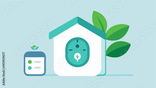 Smart Thermostat A modern smart thermostat displaying an ecofriendly home setting with a leaf icon next to the temperature. A price tag indicates a special eco discount.