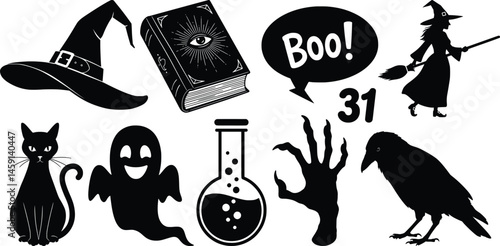 Halloween silhouettes featuring a witch’s hat, magical spellbook, ghost, raven, black cat, spooky hand, and eerie potion flask