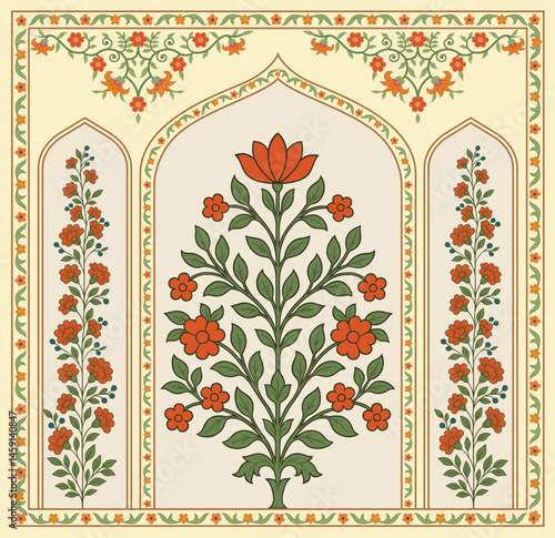 Traditional Mughal flower motif. Mughal wall paintings, botanical floral ethnic motif.