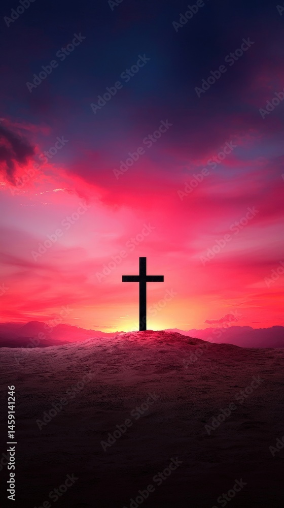 A cross is on a hillside with a beautiful sunset in the background A cross is on a hillside with a beautiful sunset in the background