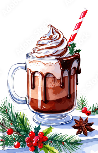 A mug of hot chocolate with whipped cream and a red and white straw. The image has a festive and cozy mood, with the whipped cream and the red and white straw adding a touch of holiday cheer