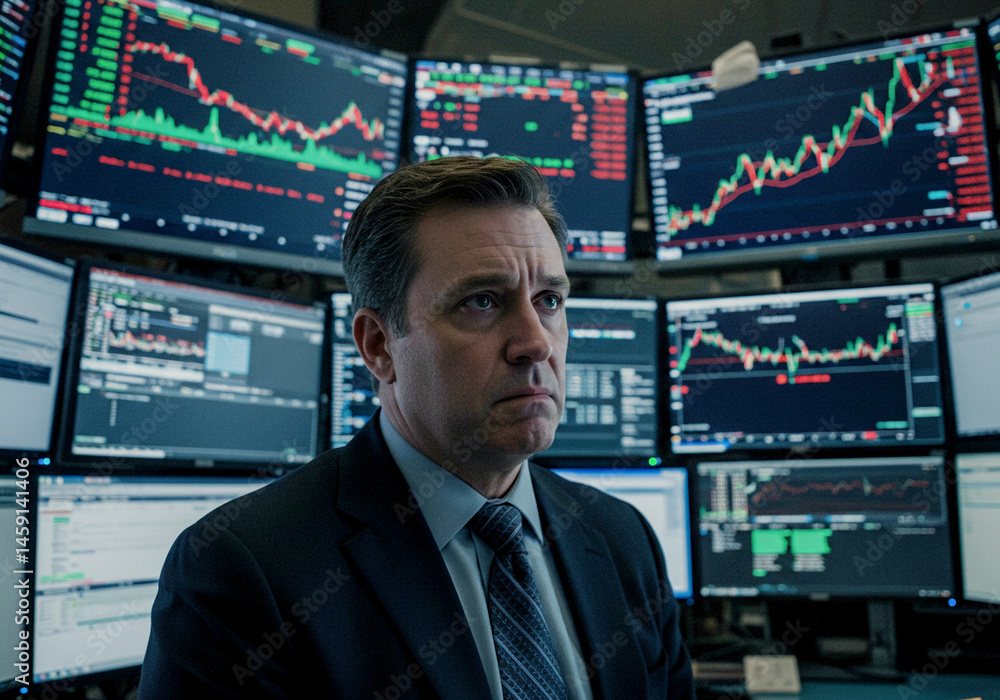 Stock Trader in Front of Monitors with Market Charts — A man in a suit stands before multiple screens displaying stock market data and charts, suggesting a high-stress trading environment. Stock Trader in Front of Monitors with Market Charts — A man in a suit stands before multiple screens displaying stock market data and charts, suggesting a high-stress trading environment.