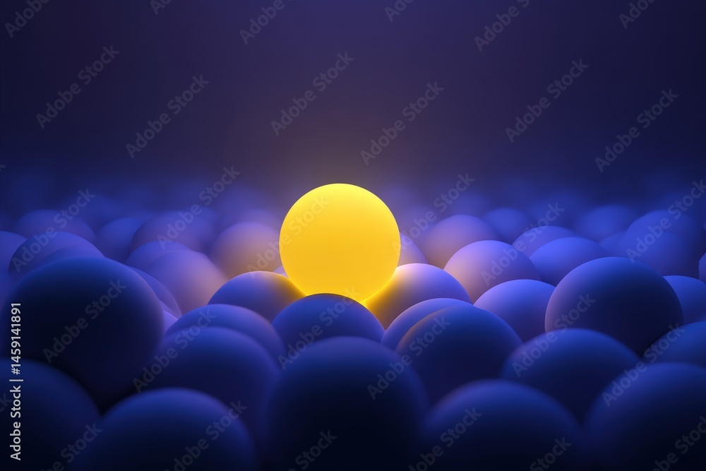 A glowing yellow sphere stands out among many blue spheres in a dark, abstract background.