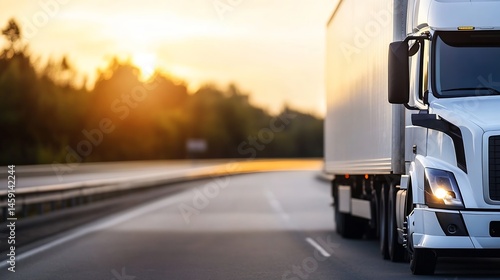 Wallpaper Mural White semi-truck driving on highway at sunset, transportation logistics, trucking industry, freight delivery, road transport, commercial vehicle, cargo, logistics, sunset highway, truc : Generative AI Torontodigital.ca