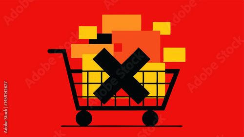 Shopping Carts An illustrated shopping cart filled with empty boxes and a large red X over it conveying the idea of avoiding purchases during Black Friday.
