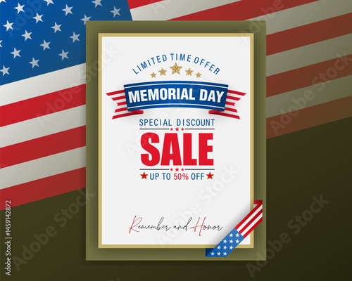 Holiday design, background with handwriting text and national flag colors for U.S. Memorial day, sales and commercial event; Vector illustration.