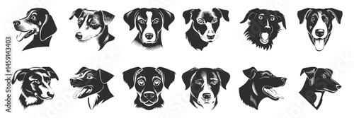 Dog Portraits Silhouette Set. Diverse Canine Expressions And Breeds Isolated Vector Illustration Collection