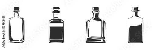 Glass Bottle Silhouettes Set. Beverage Packaging Design And Branding Concepts Isolated Vector Illustration Collection