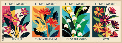 Set of Abstract colorful Flower Market posters in retro Mid Century modern style with birth month flowers, Chrysanthemum, Larkspur, Lily of the valley, Aster. Vector art illustration