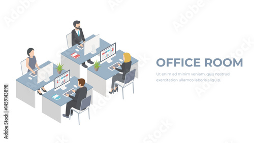 Isometric flat 3d abstract office floor interior departments concept vector. conference hall, offices, workplaces, director of the office interior