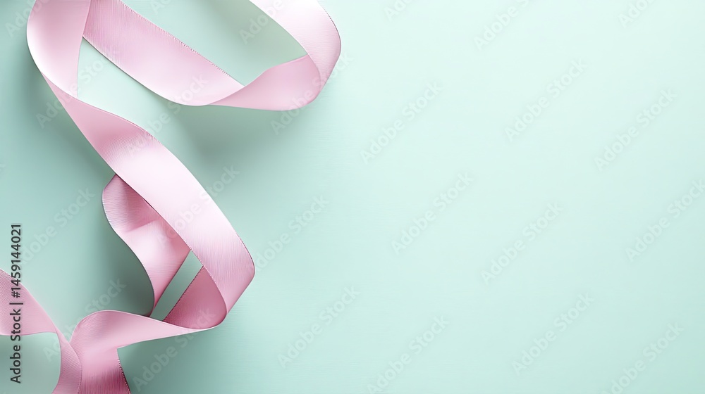 Pastel pink ribbon draped on mint green background