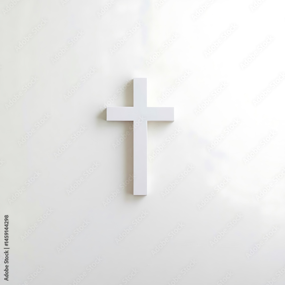 Obraz premium A simple white cross centered on a plain white background casting a subtle shadow on the surface behind it