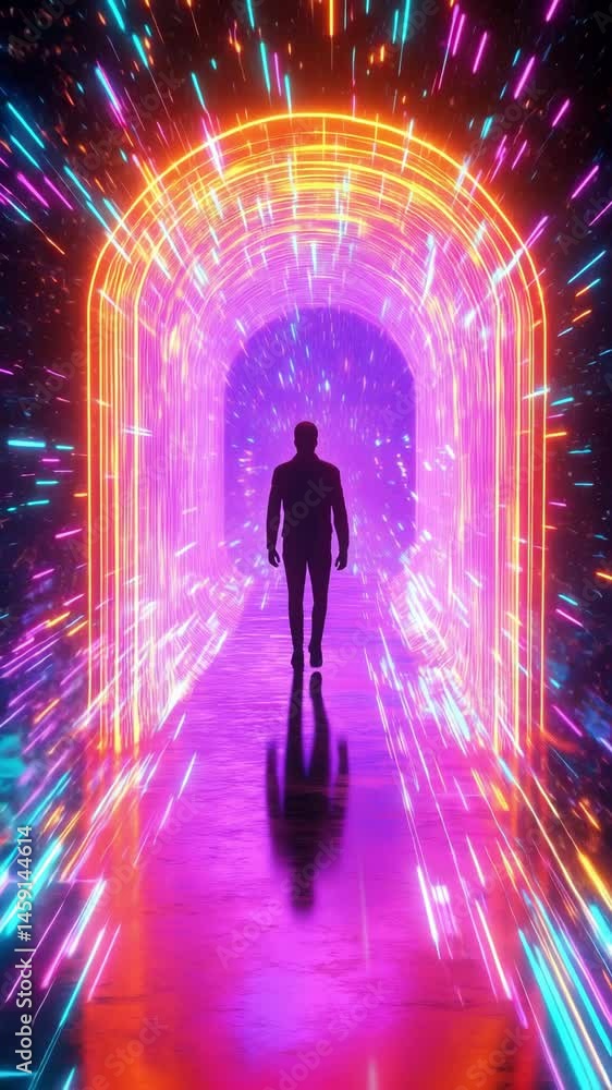 A silhouetted man walks through a vibrant tunnel filled with colorful lights and sparkles, creating a dynamic atmosphere of movement and energy A silhouetted man walks through a vibrant tunnel filled with colorful lights and sparkles, creating a dynamic atmosphere of movement and energy