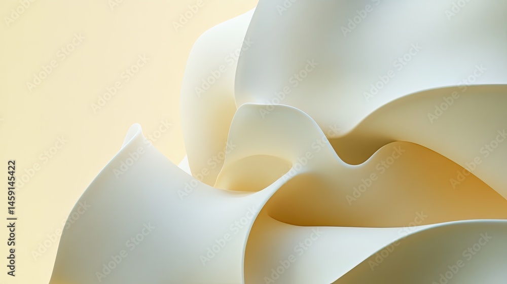 Abstract, creamy, flowing forms in soft light. A detailed close-up view of elegantly rippling, sculptural shapes, evoking a sense of smooth, flowing textures.