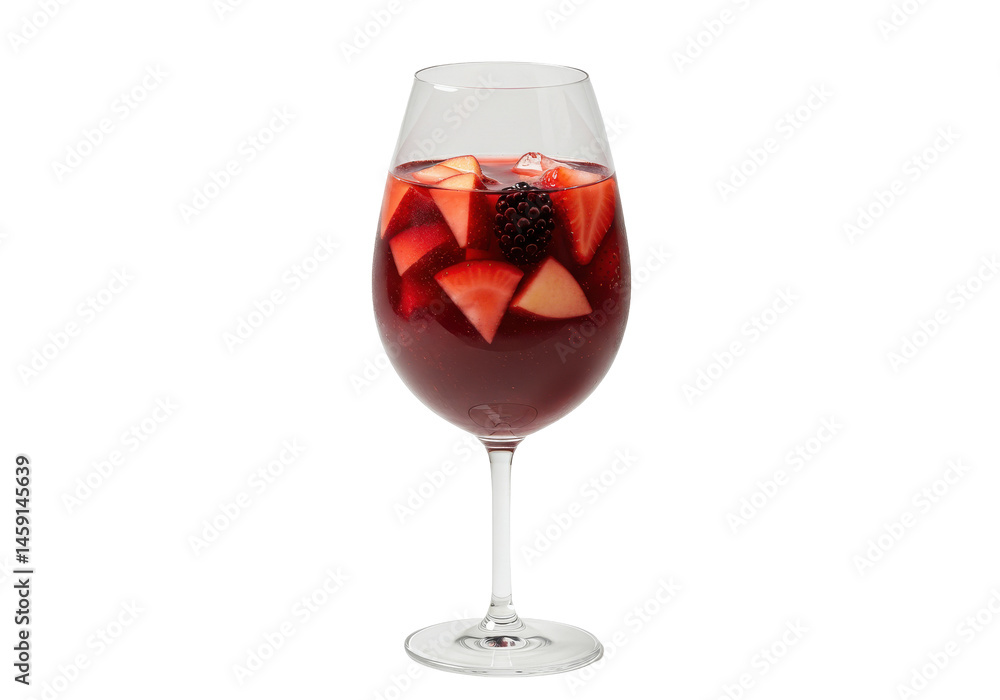 Red wine sangria brimming with strawberries apples a single blackberry in a clear wine glass against a solid black backdrop Red wine sangria brimming with strawberries apples a single blackberry in a clear wine glass against a solid black backdrop