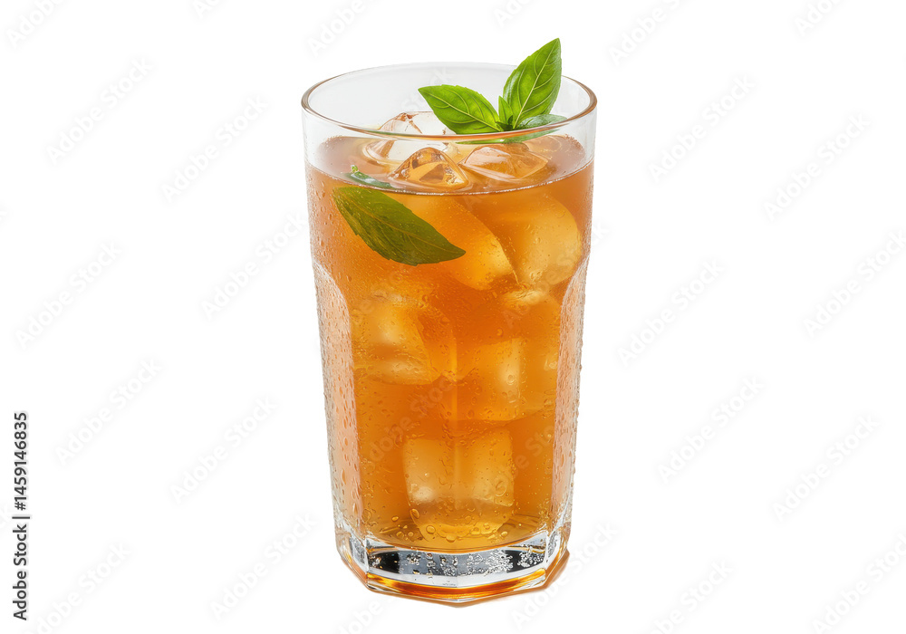 Refreshing iced tea A chilled beverage with basil garnish on black Refreshing iced tea A chilled beverage with basil garnish on black