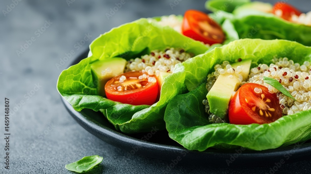 Fresh lettuce wraps filled with quinoa, cherry tomatoes, and avocado, served on a black plate. Fresh lettuce wraps filled with quinoa, cherry tomatoes, and avocado, served on a black plate.