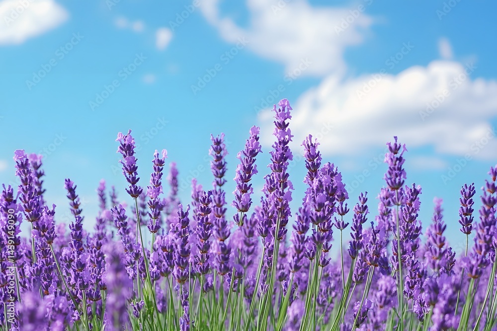 Obraz premium Lavender field in bloom against a bright blue sky with fluffy white clouds during summer